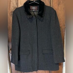 Stephanie Matthews 100% Wool Faux Fur Collar Lined Black Jacket Size XL
